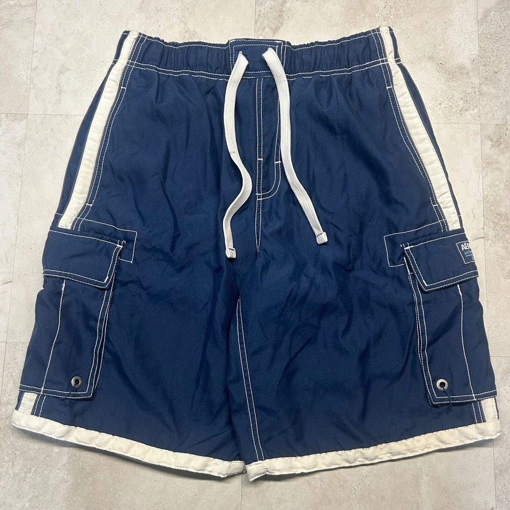 Aero Surf Swim Trunks Navy Blue Mens Medium Cargo Board Shorts Striped Summer
